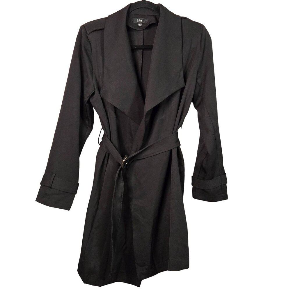 Lulus Women's L Winnipeg Open Belted Trench Coat Black Unlined Lightweight